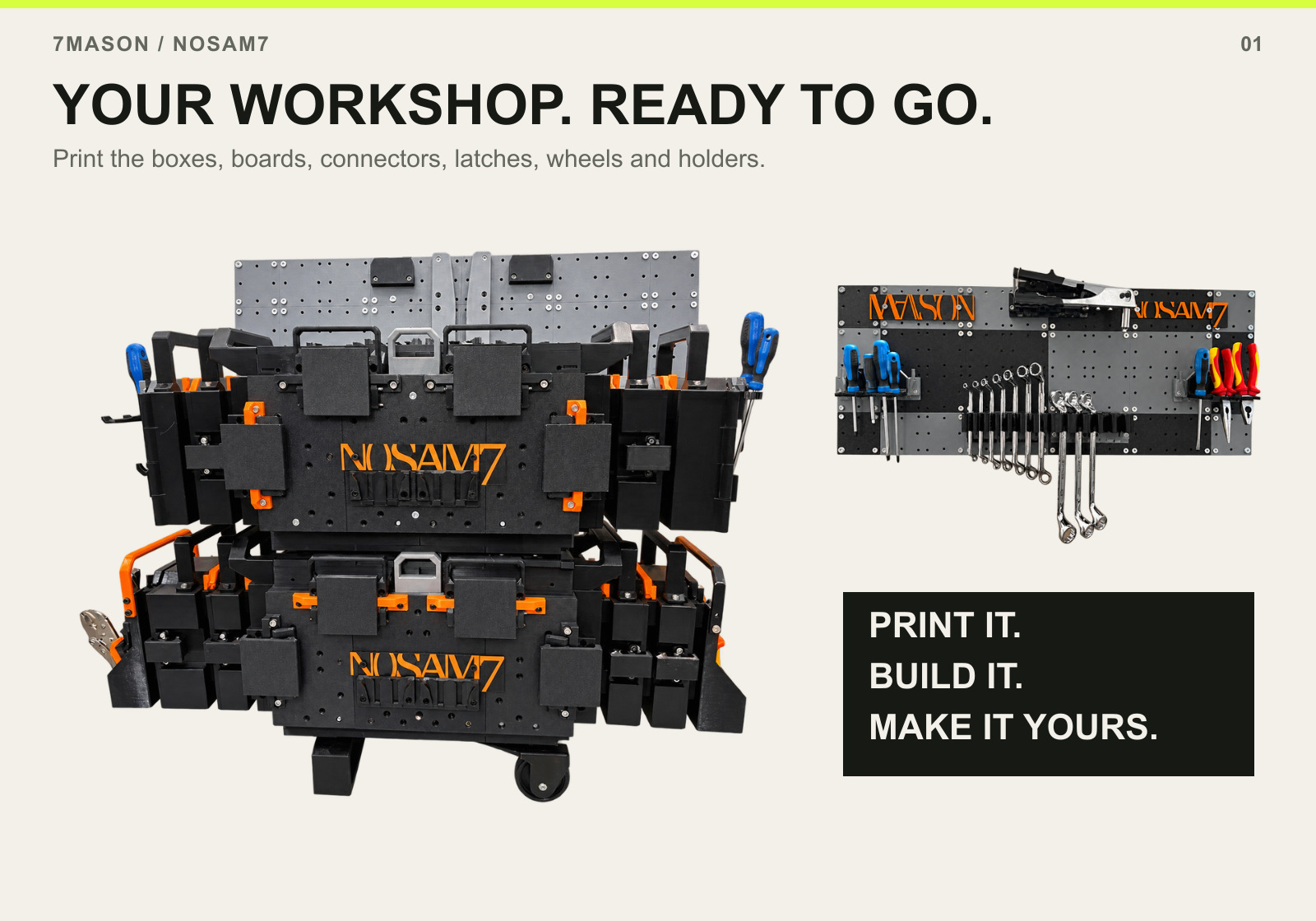 A printable stacked NOSAM7 toolbox system beside a fixed pegboard with tool holders; boxes, boards, connectors, latches and wheels are printable.