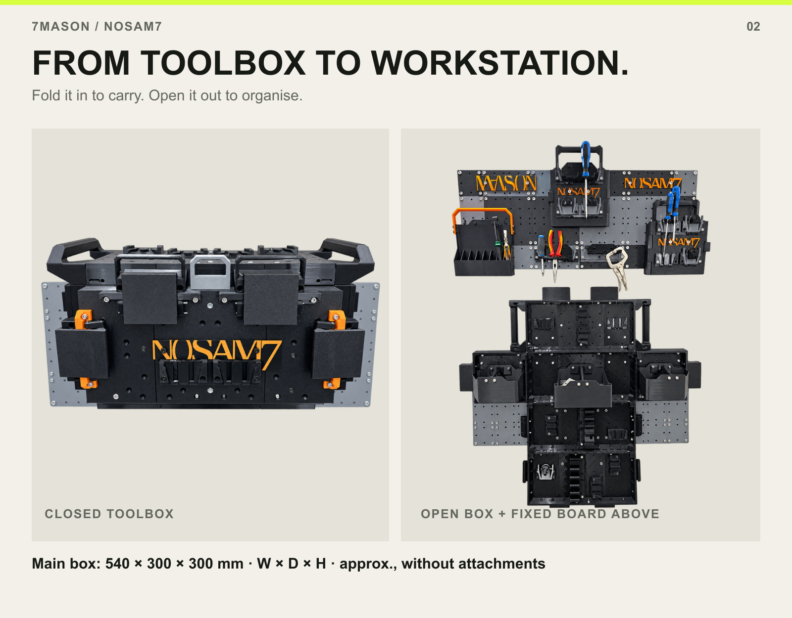 Closed toolbox and unfolded toolbox below a separate fixed pegboard. Main box approximately 540 by 300 by 300 mm.