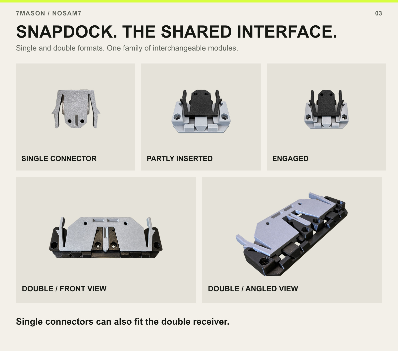 Single SnapDock connector, partly inserted and engaged; double interface shown from the front and at an angle using photos 181 and 167.