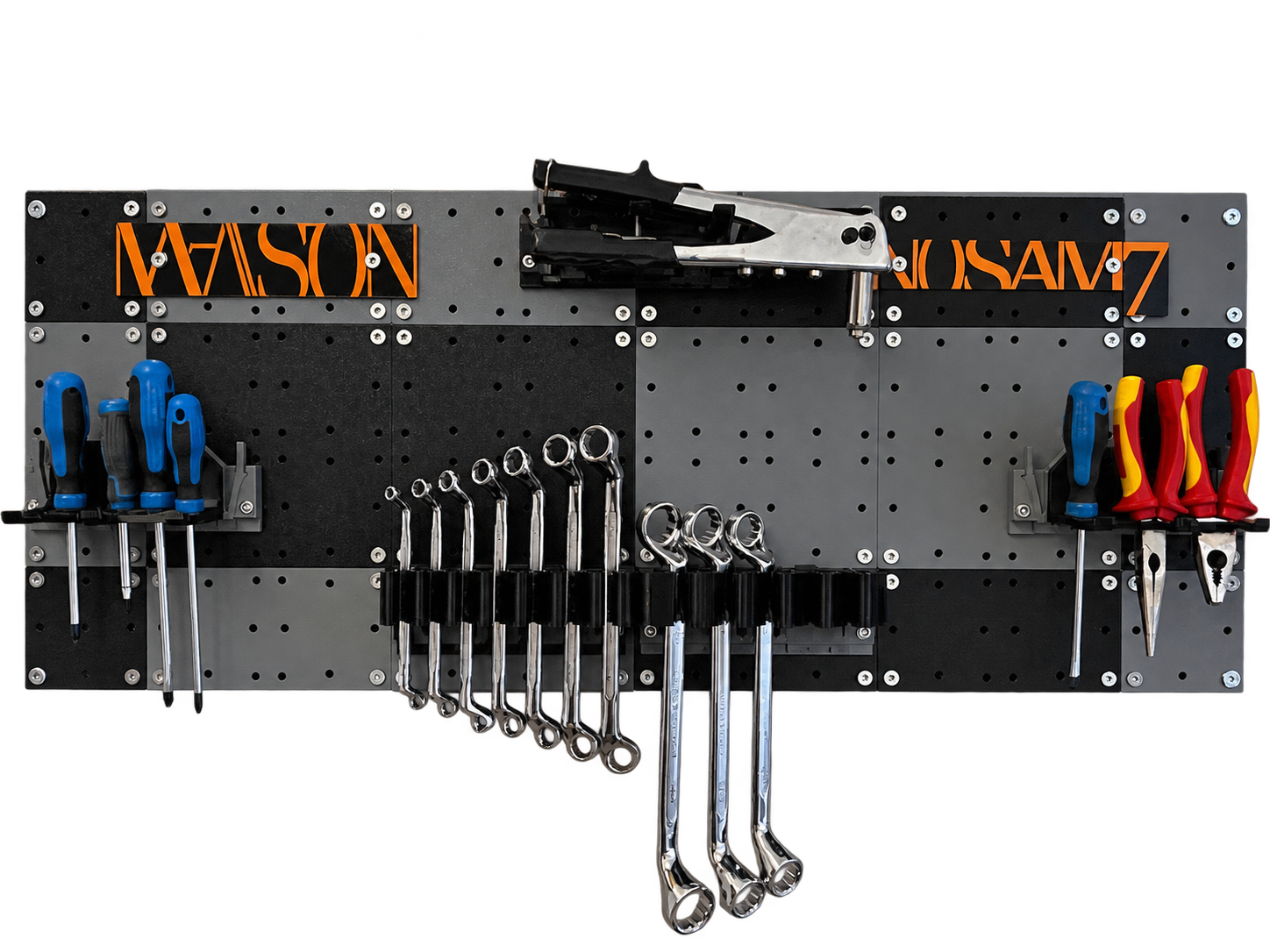 Loaded fixed board with tool trays, spanner racks and compatible holders