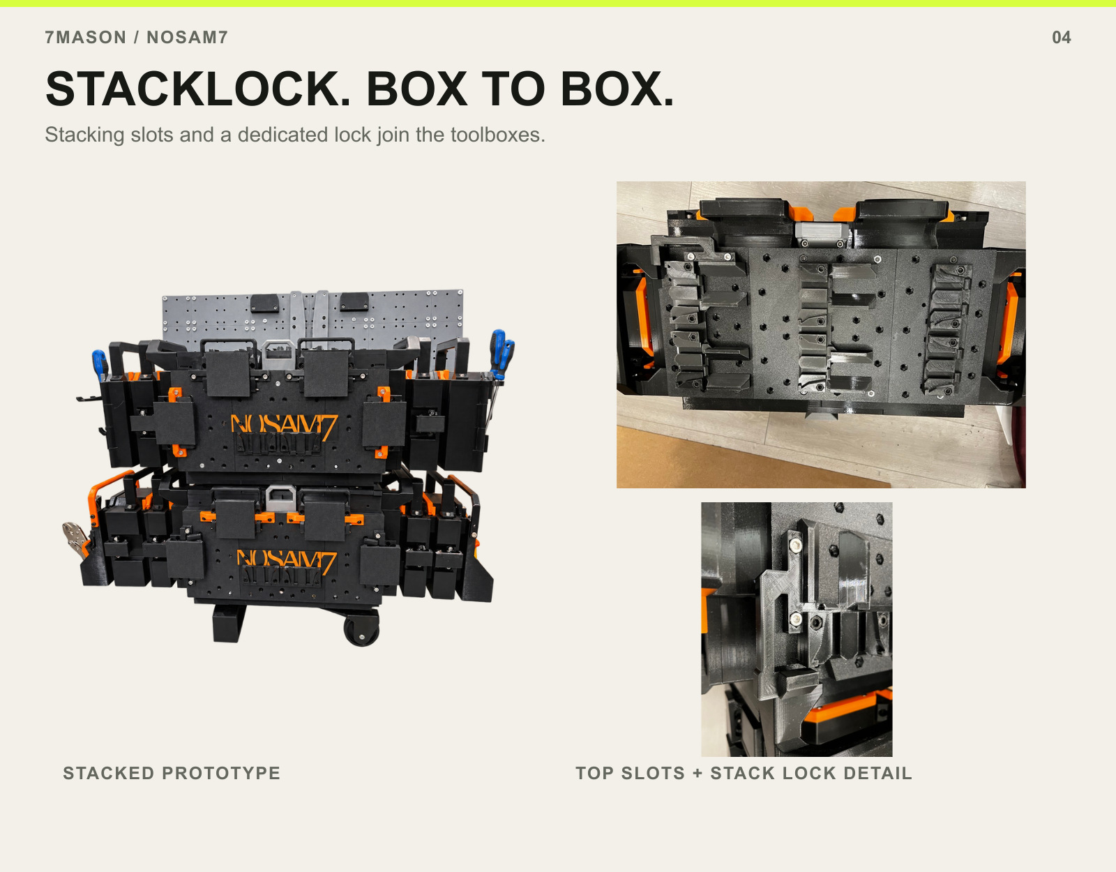 Stacked boxes, top of the lower box with stacking slots, and the stacking lock close-up.