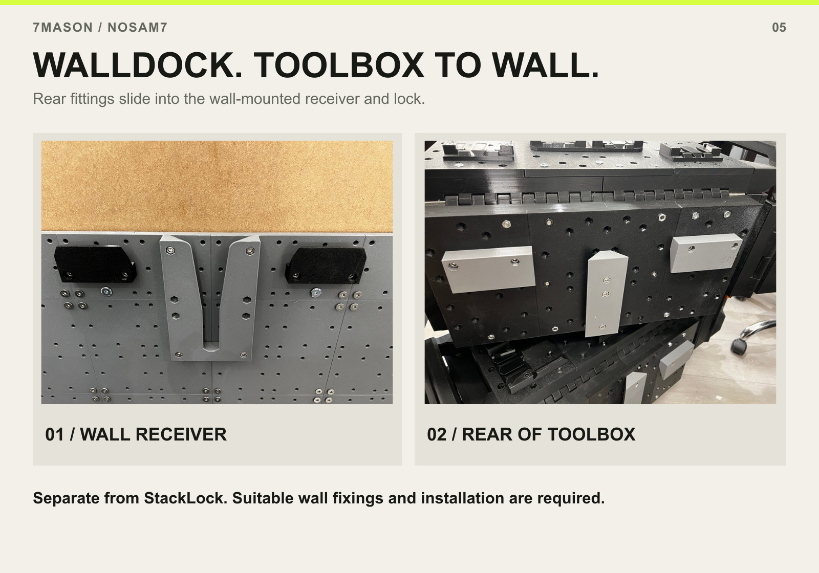 Wall receiver on the left and matching rear fittings on the toolbox on the right; original photographs.