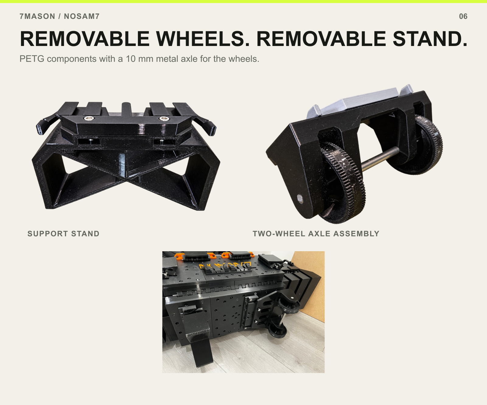 Separate removable support stand and wheel axle assembly, with original installed underside view.