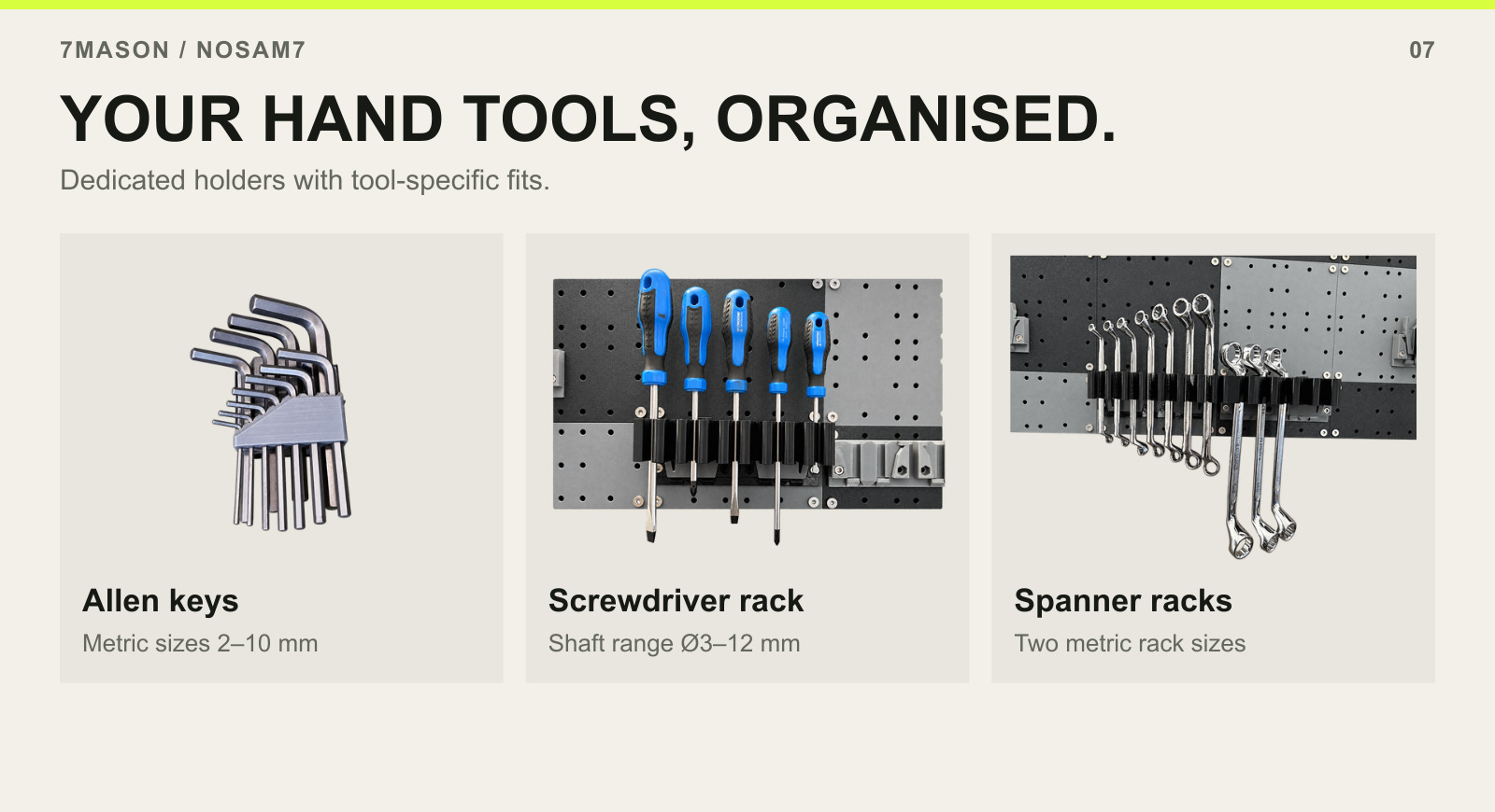 YOUR HAND TOOLS, ORGANISED. — Allen keys, Screwdriver rack, Spanner racks