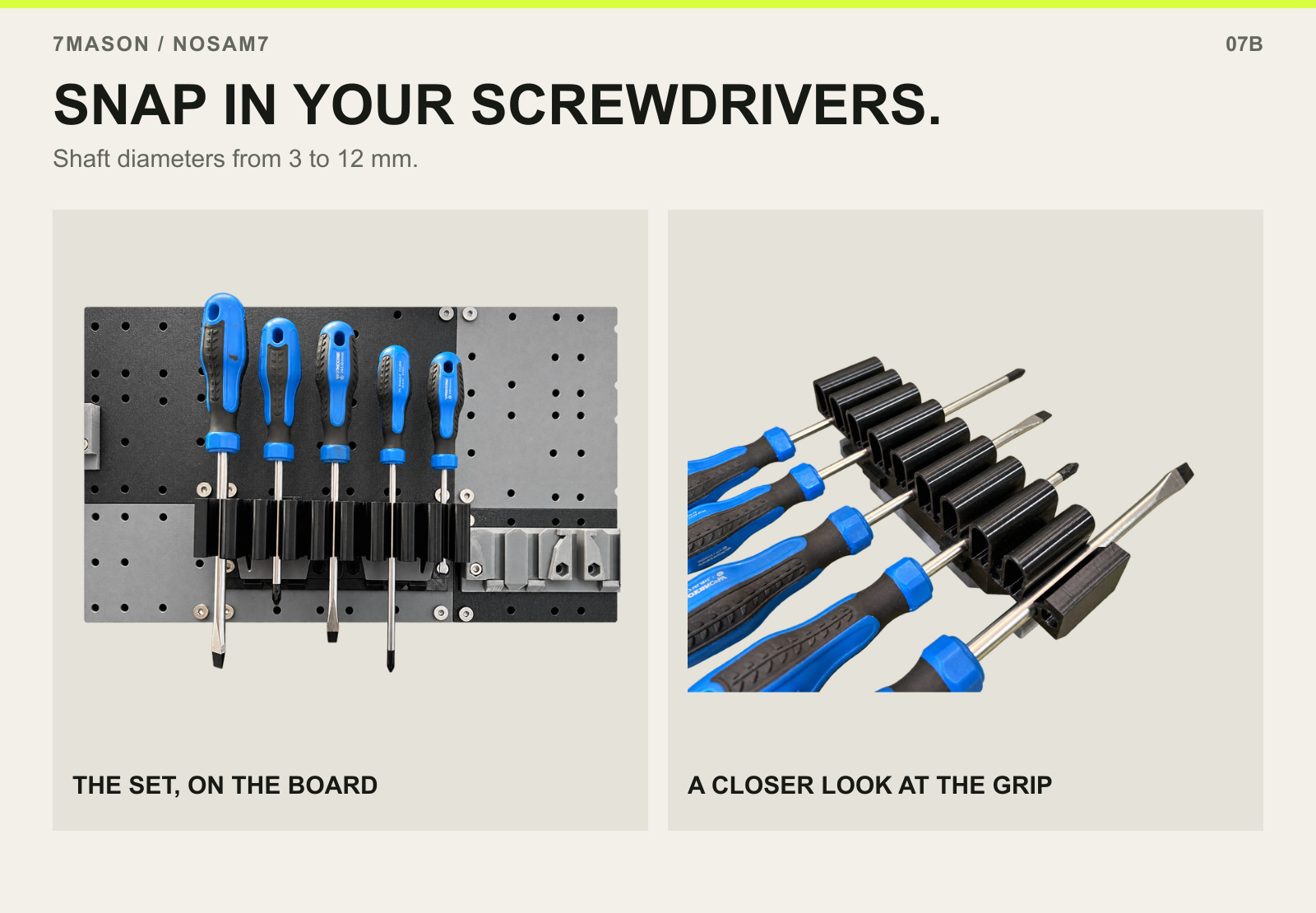 SNAP IN YOUR SCREWDRIVERS. — THE SET, ON THE BOARD and A CLOSER LOOK AT THE GRIP.