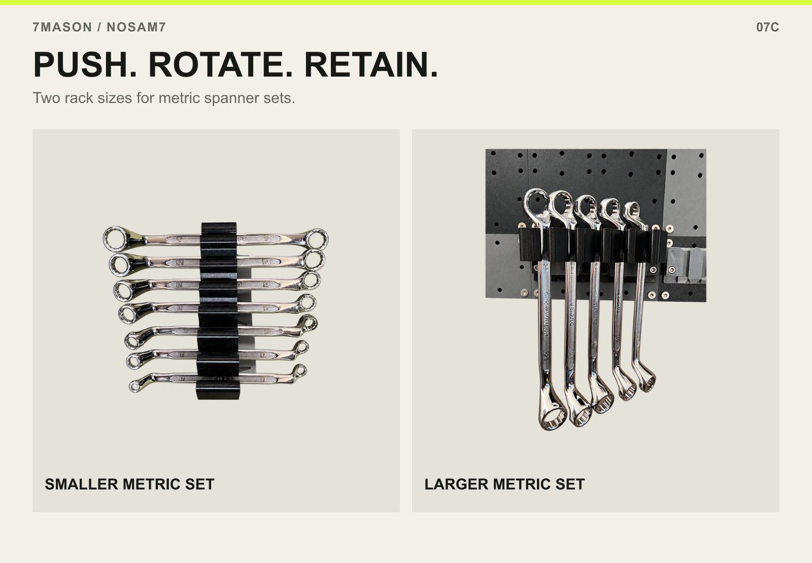 PUSH. ROTATE. RETAIN. — SMALLER METRIC SET and LARGER METRIC SET.