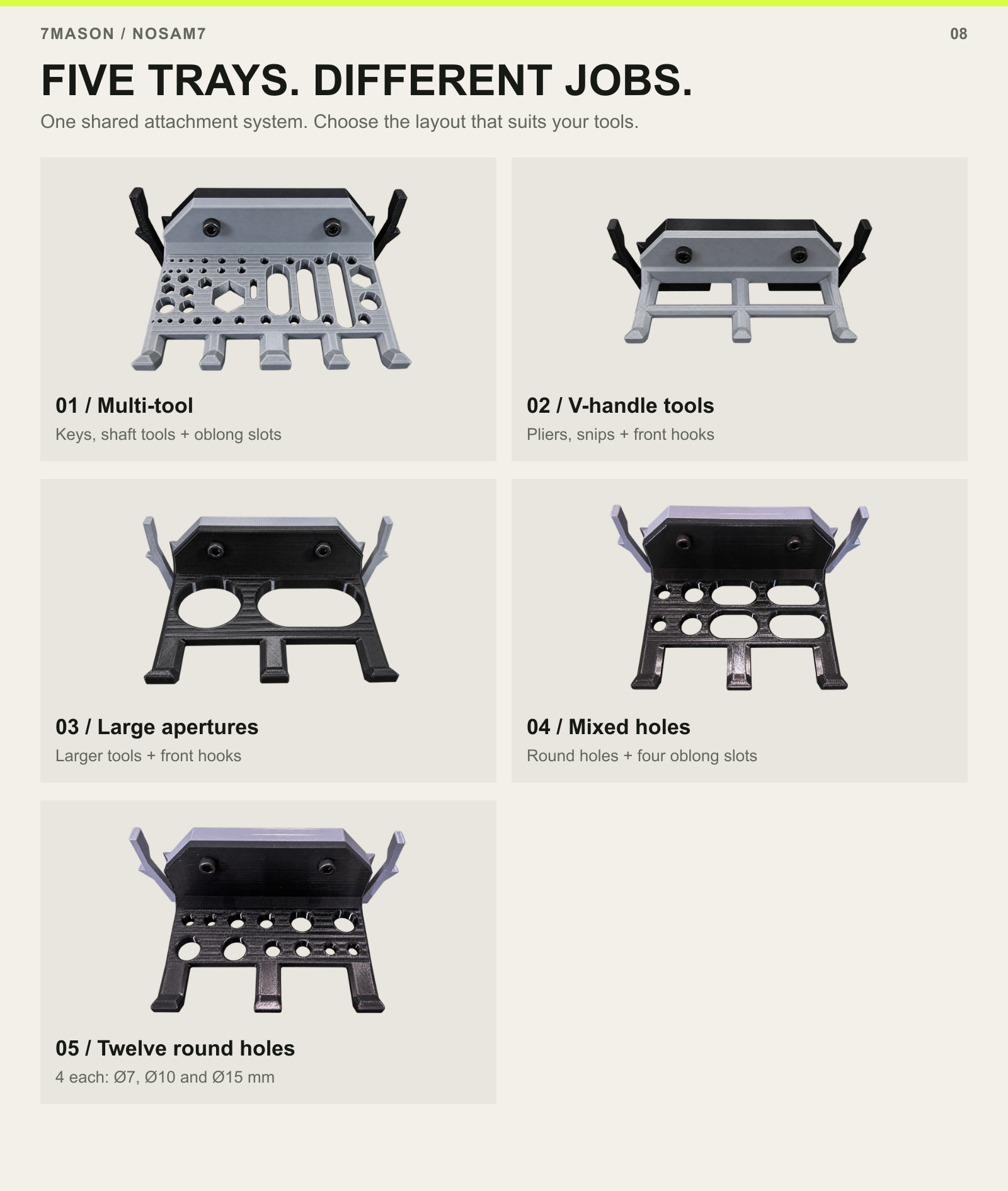 FIVE TRAYS. DIFFERENT JOBS. — 01 / Multi-tool, 02 / V-handle tools, 03 / Large apertures, 04 / Mixed holes, 05 / Twelve round holes