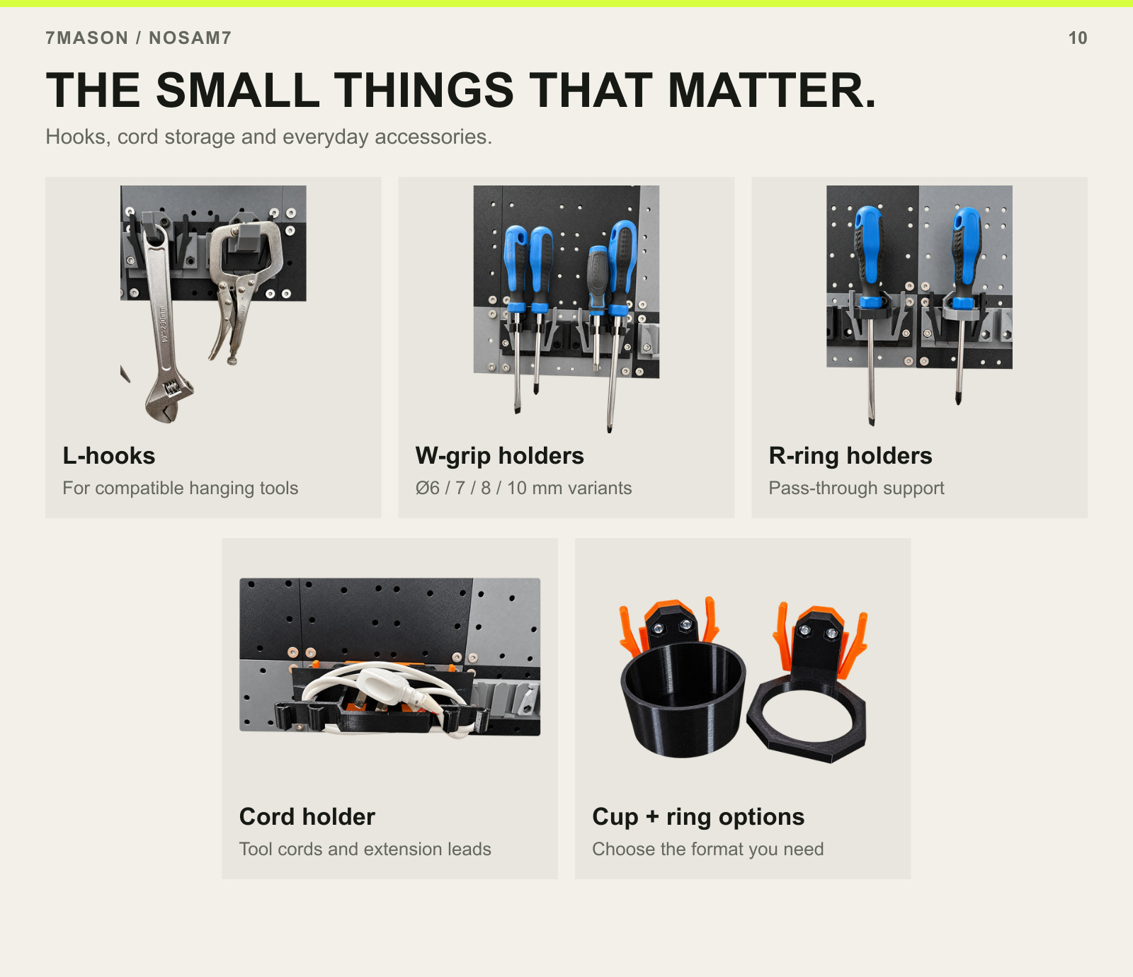 THE SMALL THINGS THAT MATTER. — L-hooks, W-grip holders, R-ring holders, Cord holder, Cup + ring options