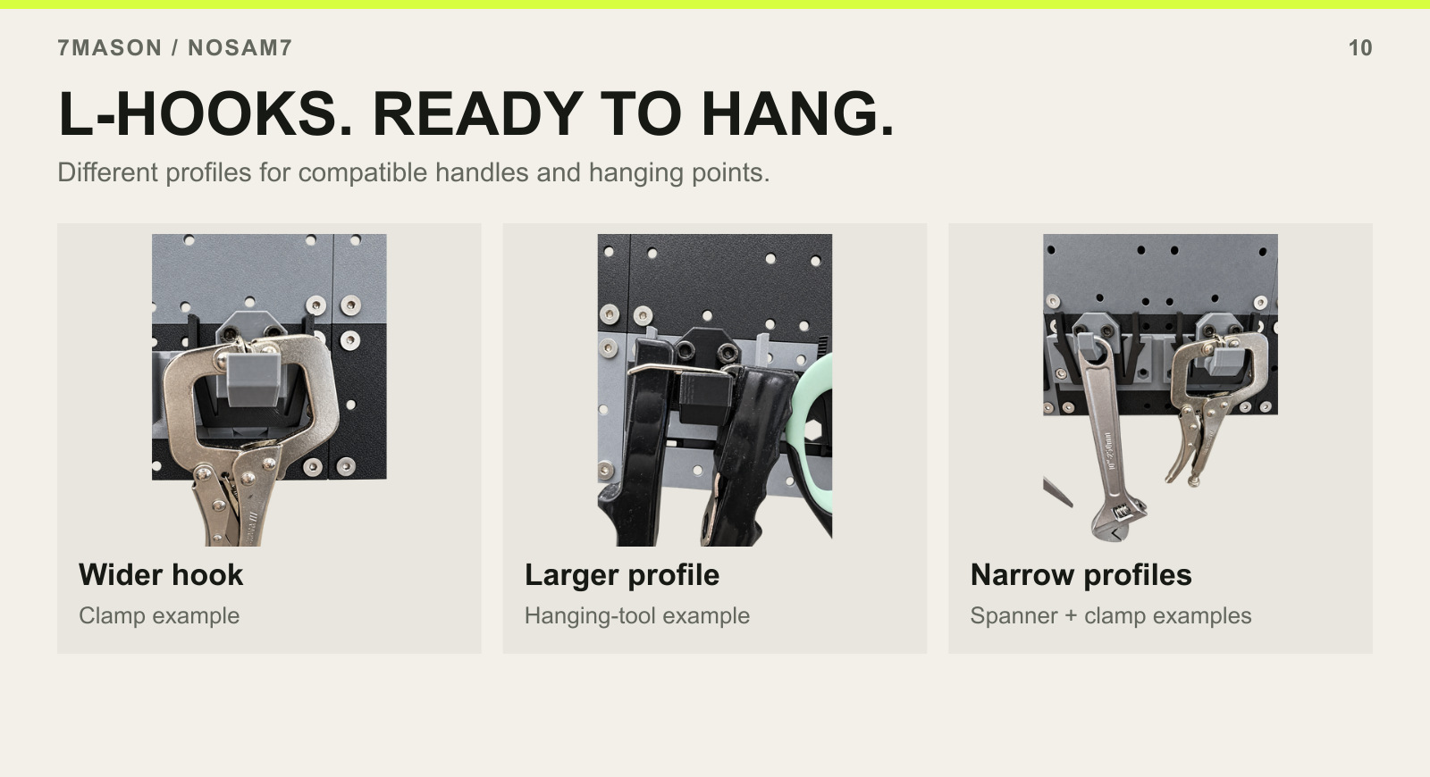L-HOOKS. READY TO HANG. — Wider hook, Larger profile, Narrow profiles