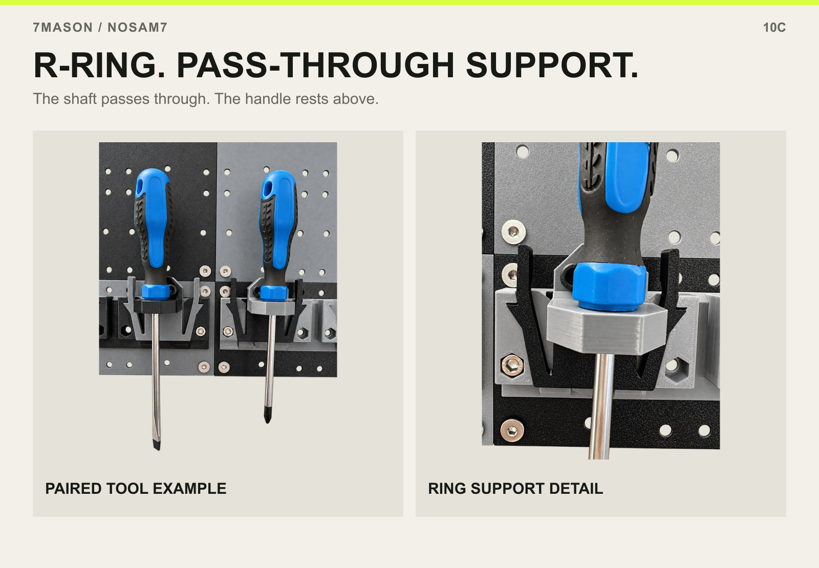 R-RING. PASS-THROUGH SUPPORT. — PAIRED TOOL EXAMPLE and RING SUPPORT DETAIL.