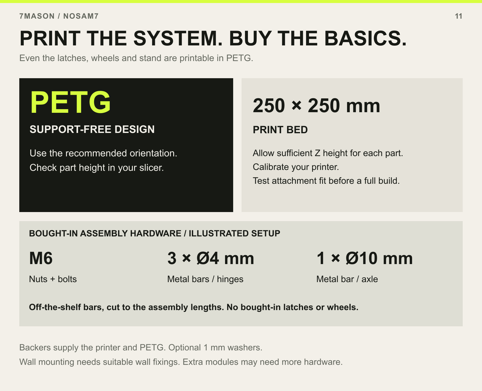 Printable PETG system including latches, wheels and stand. Support-free orientation and 250 by 250 mm bed with sufficient height. For the illustrated setup: M6 nuts and bolts, three 4 mm metal bars for hinges and one 10 mm metal bar for the axle. Wall fixings are additional for wall mounting.