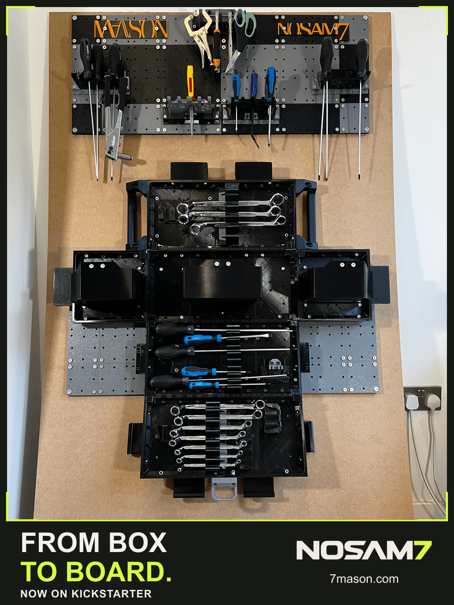 NOSAM7 toolbox opens into a board and is then loaded with tool holders, preserving the original prototype photographs.